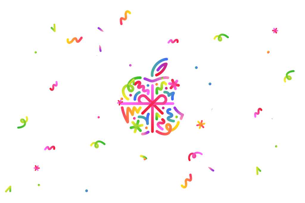 Apple logo with a bow and confetti
