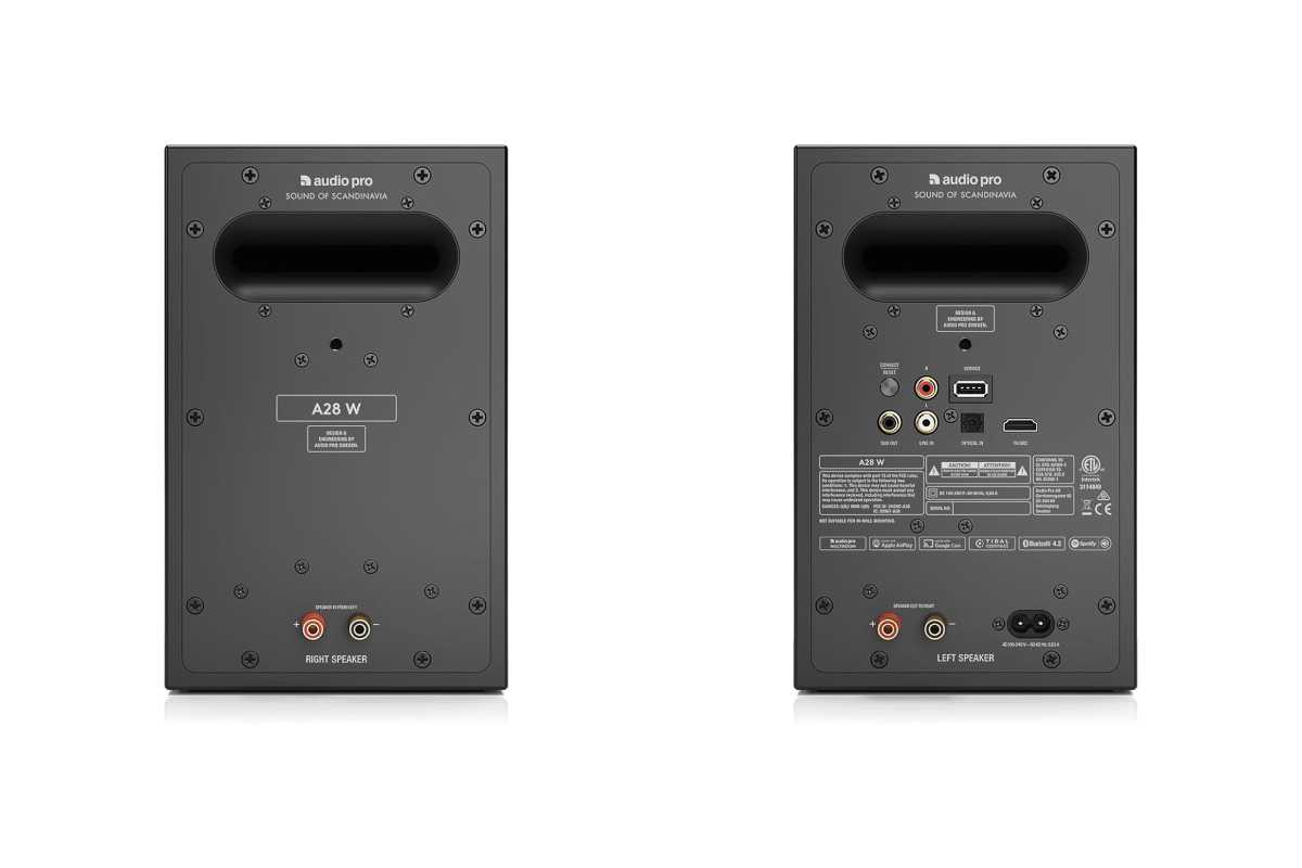 Rear view of speakers, showing connectors and ports